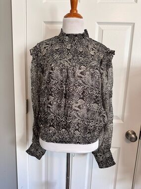 Free People Black & White snakeskin Print Smocked Neck Blouse